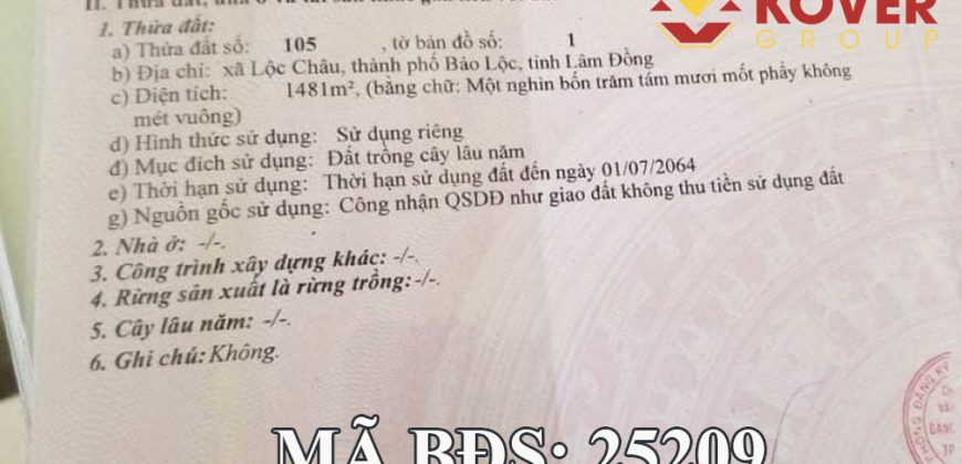 [BÁN GẤP] Bán 1481m2 đất Lộc Châu, Bảo Lộc, ngay trung tâm TP