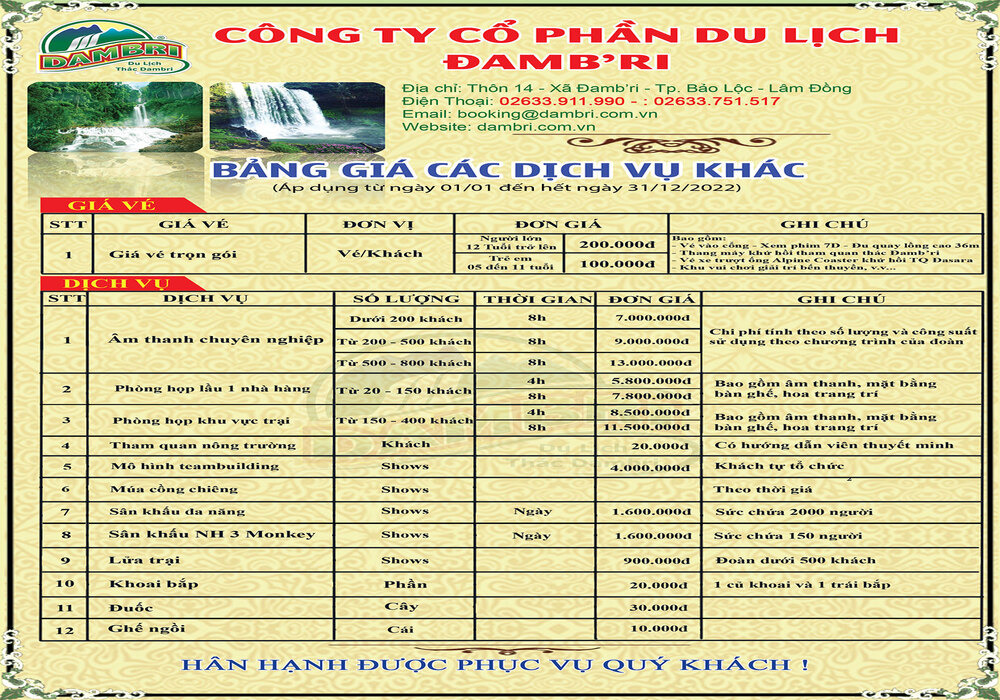Giá vé tham quan và một số dịch vụ trong khu du lịch thác Đambri